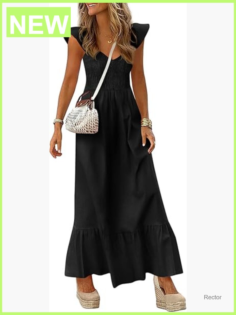Maxi Dress With Pockets Cap Sleeve V-Neck Smocked Bodice Flowy A-Line